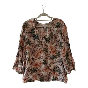 J Jill Love Linen Size‎ 2XL  Tropical Floral 3/4 Sleeve V Neck Pink Peach Top